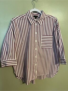 J. Jill Burgundy and White Striped Button-Down Shirt Boxy 3/4 Sleeve M